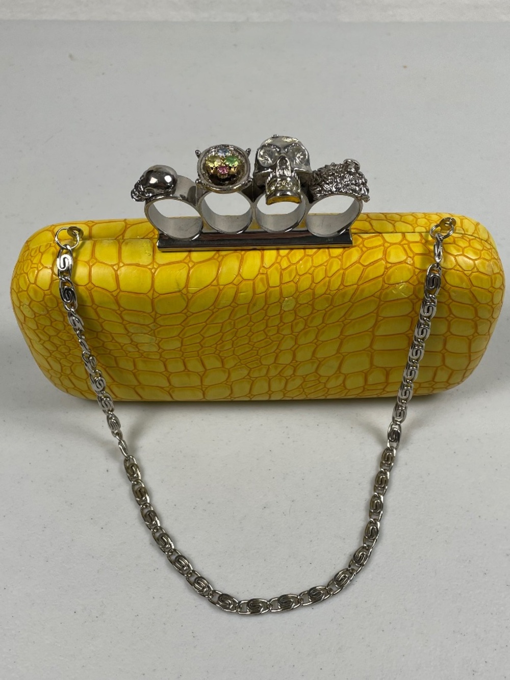 Knuckle Ring Clutch Bag Box Punk Gothic Evening Whimsigoth Yellow Croc Embossed